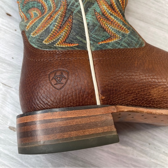 Ariat Brown Teal Leather Wide Square Toe Western Cowboy Boot Men’s Size 8.5D - Picture 11 of 15